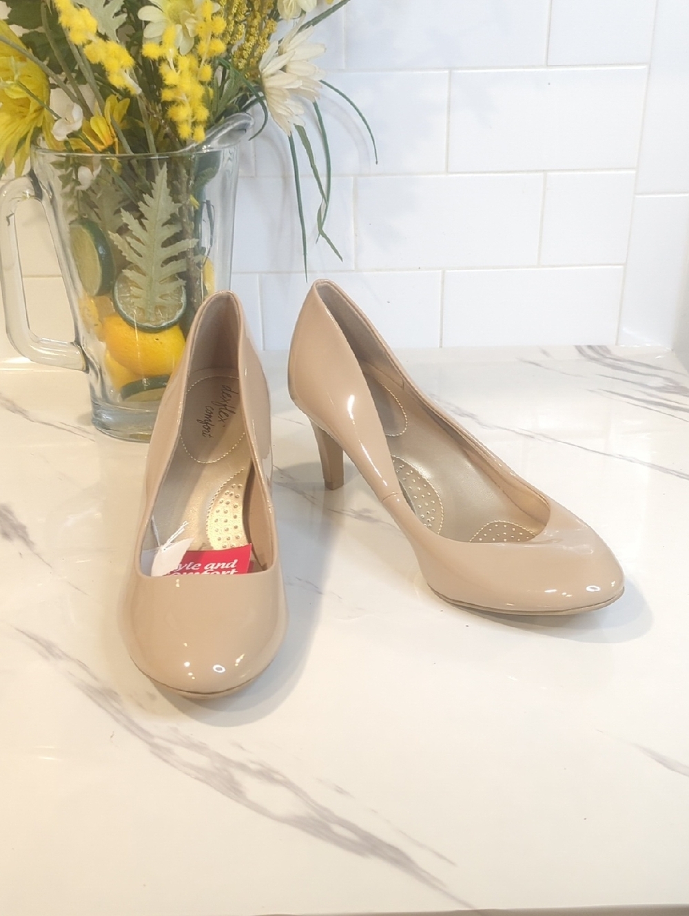 dexflex comfort Beige Patent Mid Heel Pumps
